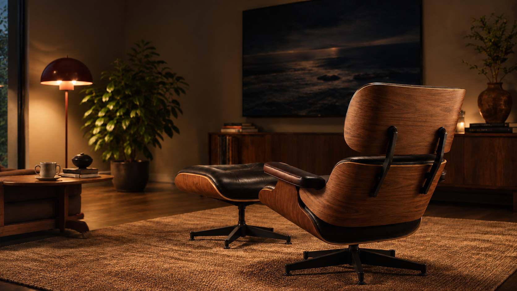 Generated concept: a walnut lounge chair in a warm architectural room, facing a screen.